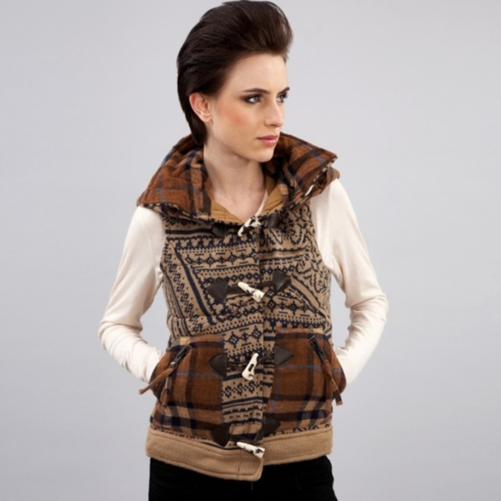 Da Nang• xs knit wool blend vest toggle closure hood plaid tribal